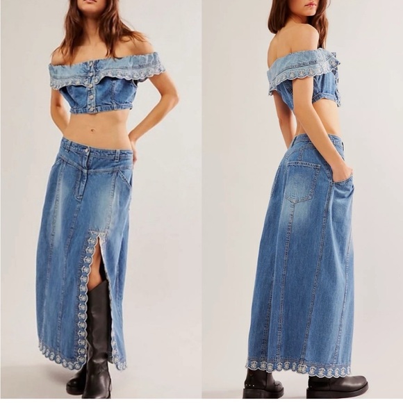 FREE PEOPLE Kora Denim Off The Shoulder Embroidered Skirt Set NWOT - Picture 1 of 4